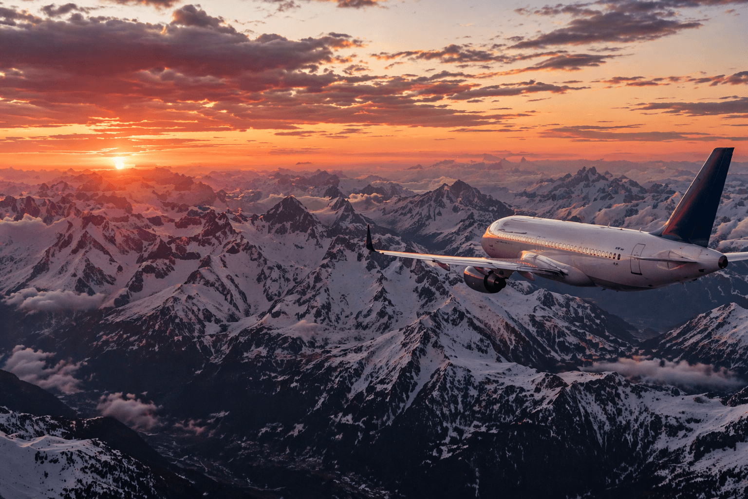 Aircraft flying over mountains at sunset